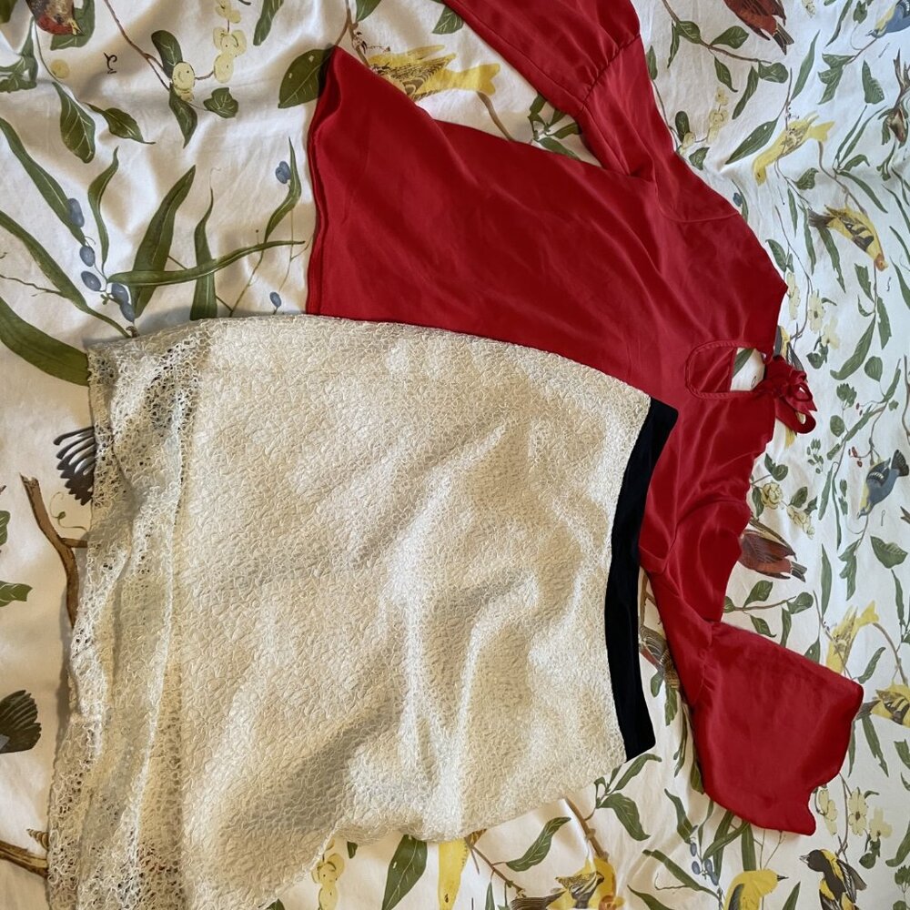 H&M red long bell sleeve top (size 2) and Halogen white lace skirt (size 4/6)